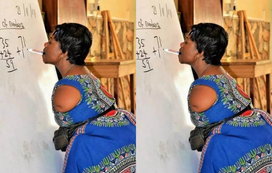 Heartbreaking Photo Of Armless Lady Teaching Mathematics And Writing With Her Mouth 2