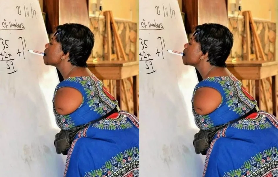 Heartbreaking Photo Of Armless Lady Teaching Mathematics And Writing With Her Mouth 2