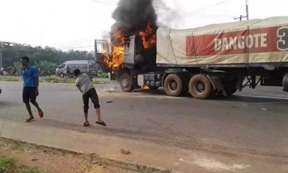 Dangote truck set ablaze