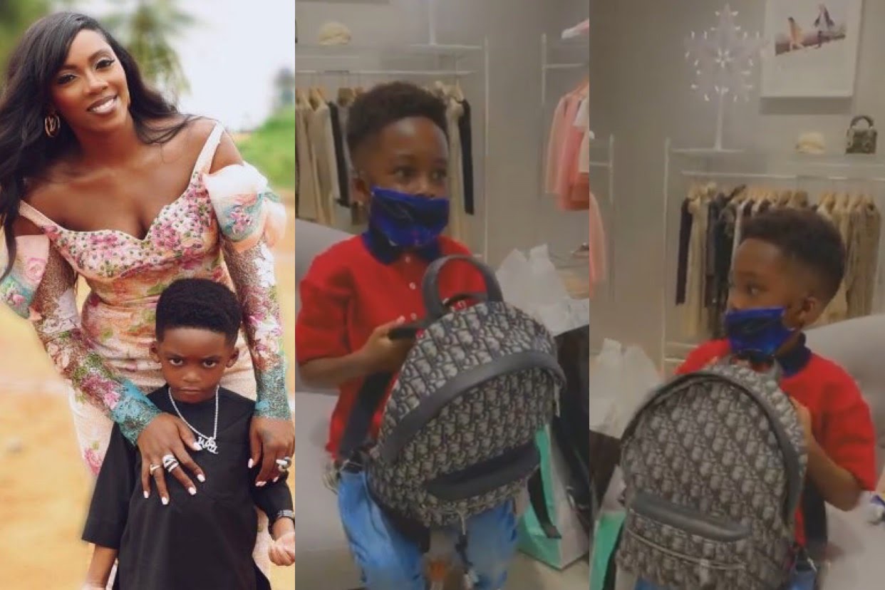 See photos of the ₦743k worth Christian Dior backpack Tiwa Savage got for her son, Jamil