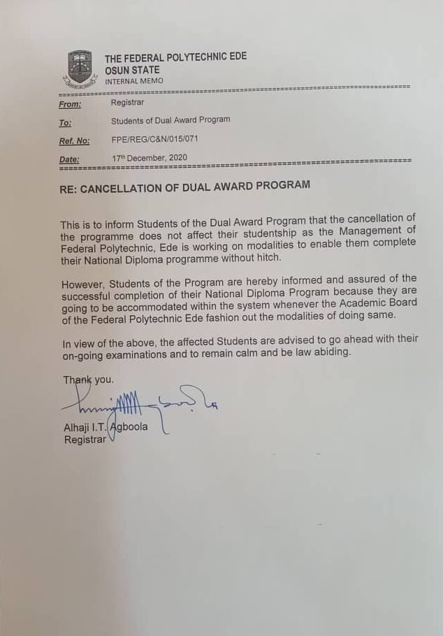 Cancellation Of Dual Award Program Does Not Affect Studentship, Says FPE Management