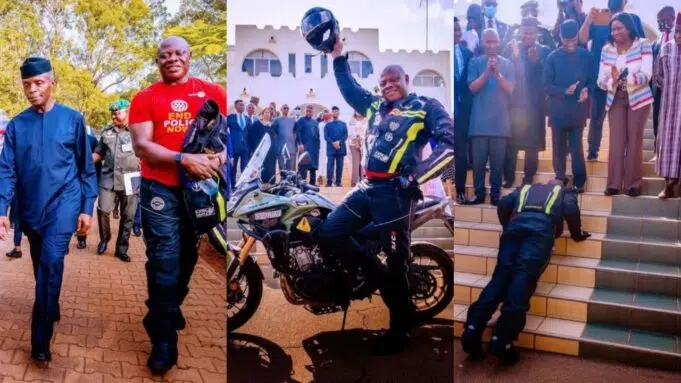 VP Yemi Osibanjo Celebrates Kunle Adeyanju, London To Lagos Biker At The Presidential Villa [Photos]