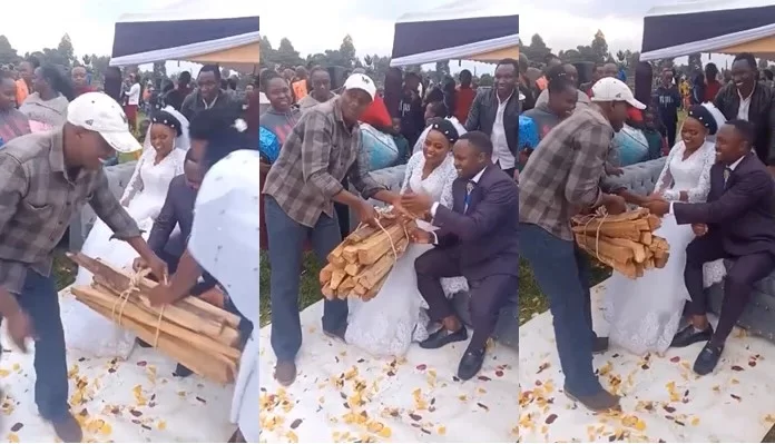 couple receive firewood as gift wedding