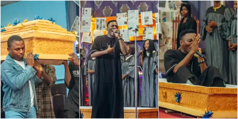 gospel singer arrives on stage in coffin